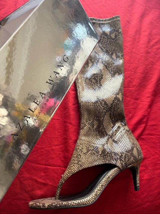 Snake-Print Open-Toe Knee-High Heeled Boots - Brown - Picture 4 of 4